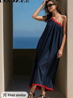 NWT - Uoozee One-Shoulder Navy Maxi Dress with Red Trim